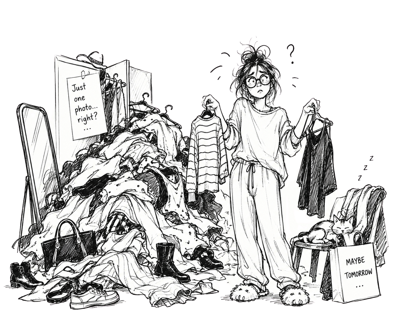 An overwhelmed person facing a huge pile of clothes while trying to choose what to wear for a photo