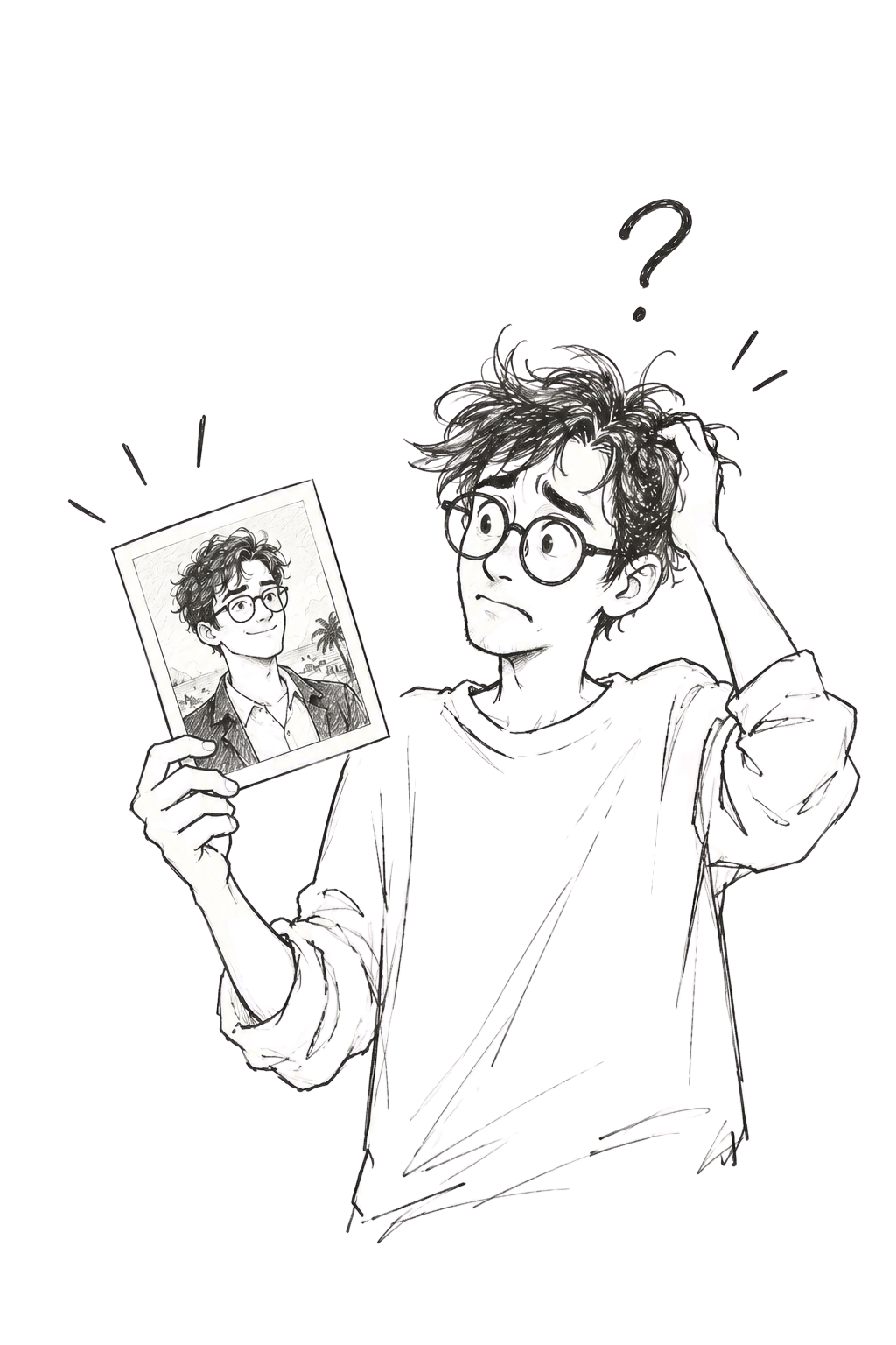 A playful pencil sketch of a man comparing a photo of himself with how he feels in real life