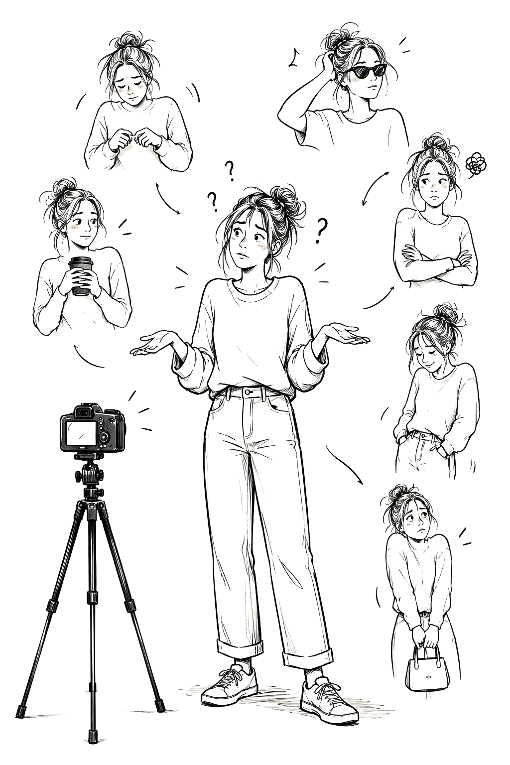 A playful sketch of a woman trying different positions for her hands while having her photo taken
