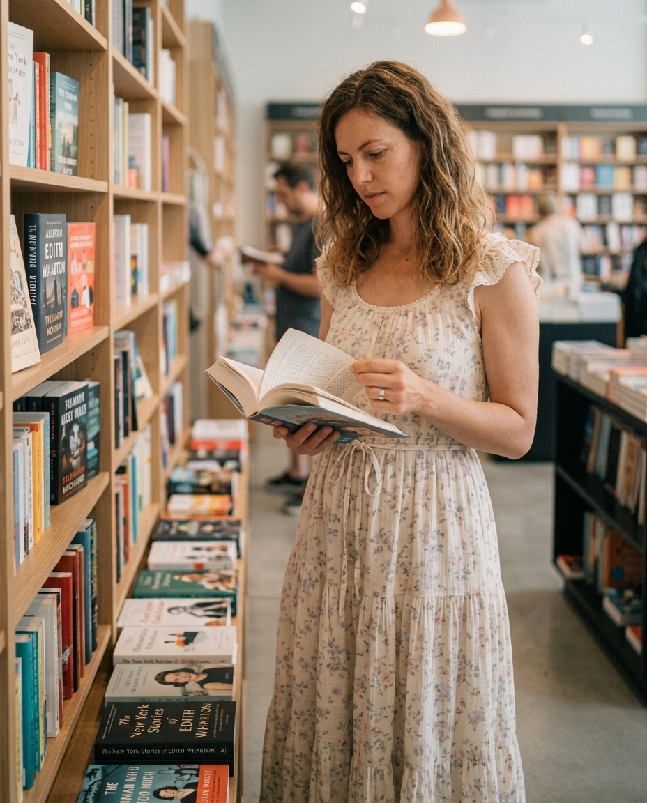 Woman looking through a book in a bookstore