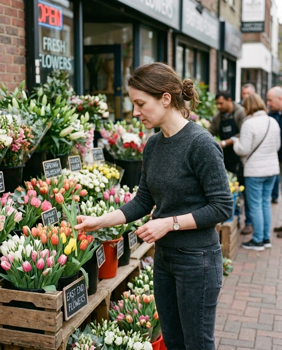 Woman choosing flowers at a flower shop