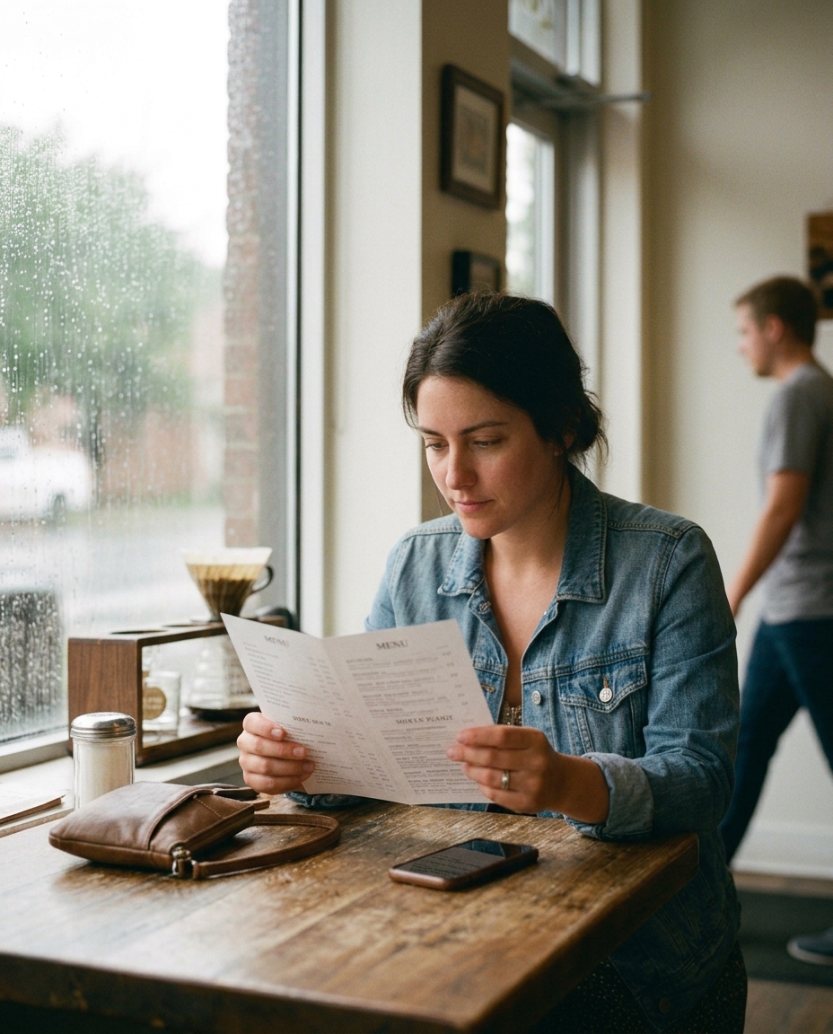 Woman reading a menu in a coffee shop