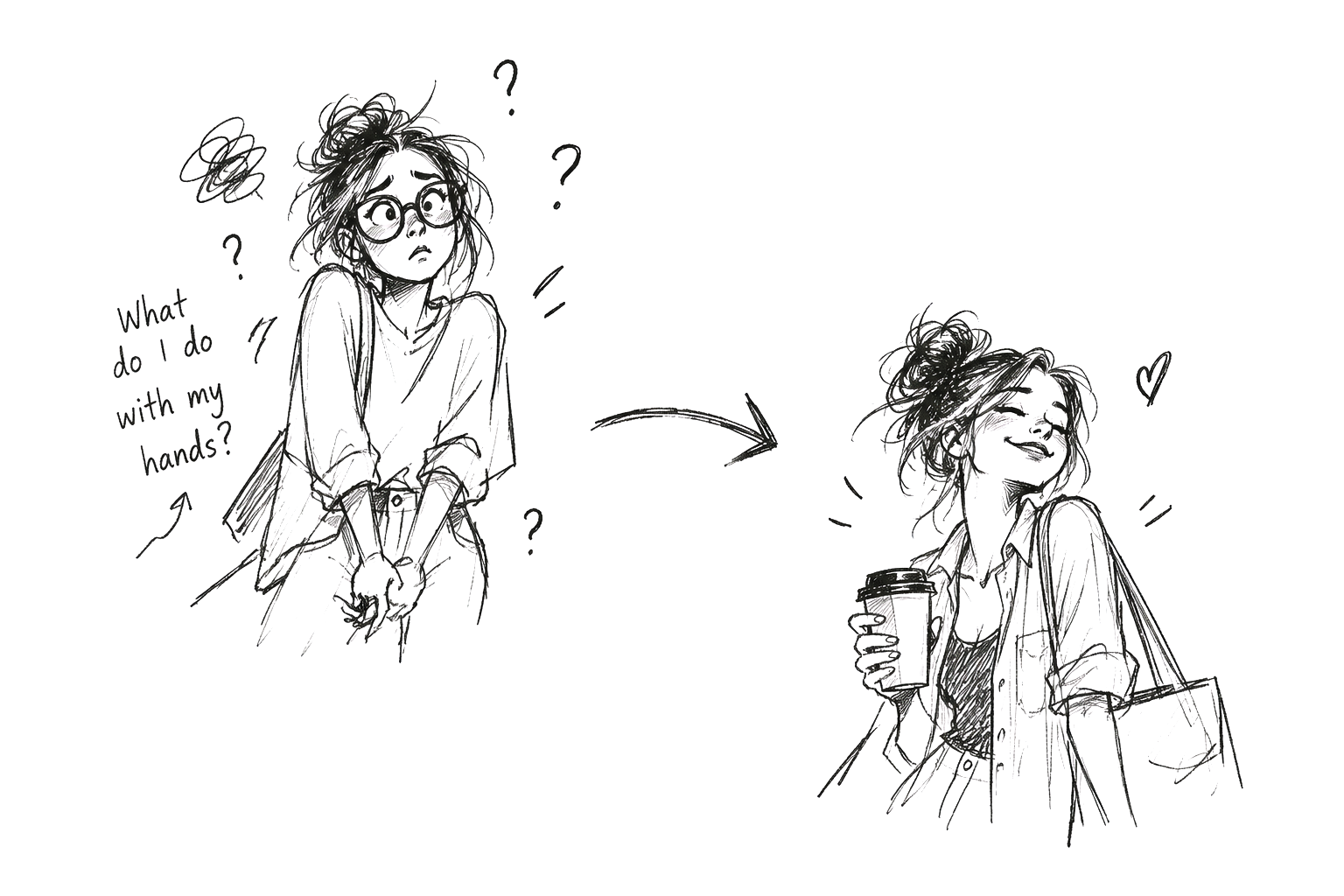 A loose pencil doodle showing the difference between feeling awkward in front of a camera and having something natural to do