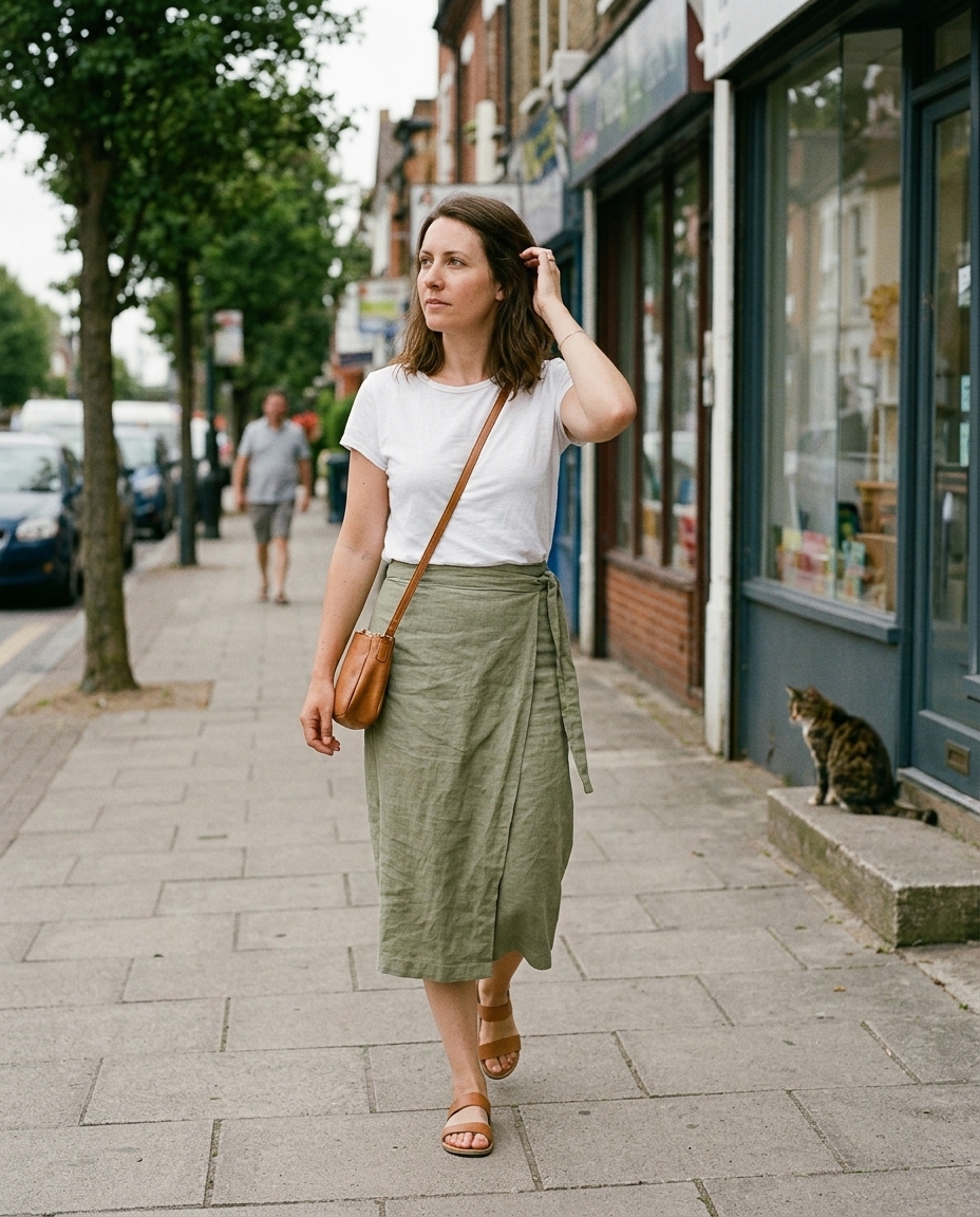 Woman walking along a town street